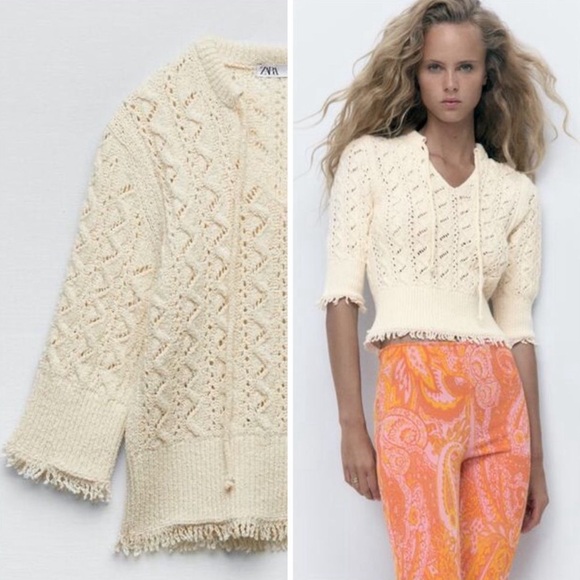 Zara Fringed Crochet Knit Top sweater sz S - Picture 6 of 10